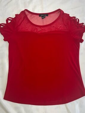 Adele & May Red Mesh Rhinestone Yoke Cold-ShoulderShort Sleeve Womens Top Medium